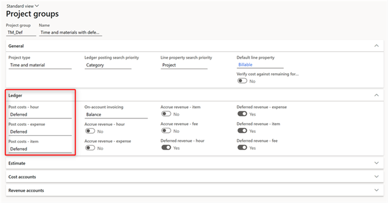 A screenshot of advanced cost and revenue deferrals with Projects.