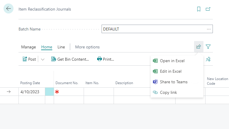 Edit in Excel action in Item Reclassification Journal