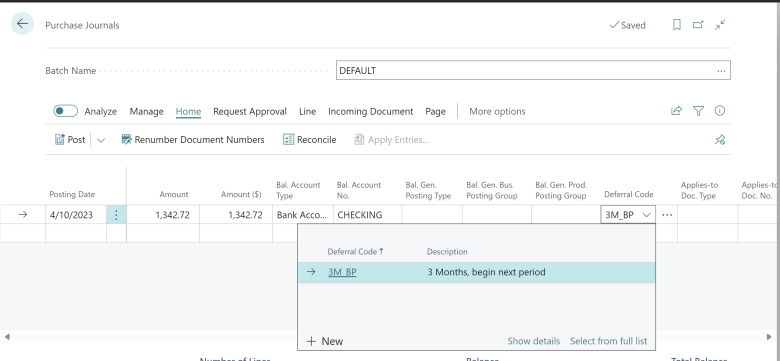 Purchase journal with the new Deferral Code field