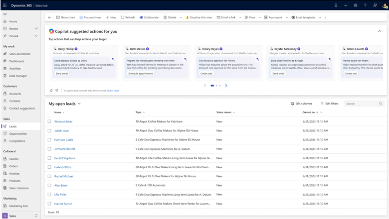 Agent-picked next best actions to build qualified pipeline, shown on the leads grid in Dynamics 365