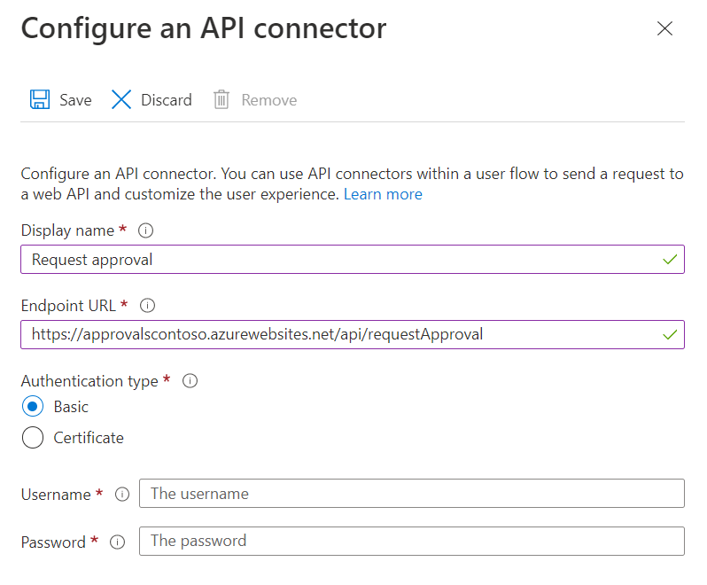 Снимок экрана: конфигурация соединителя API утверждения запроса.