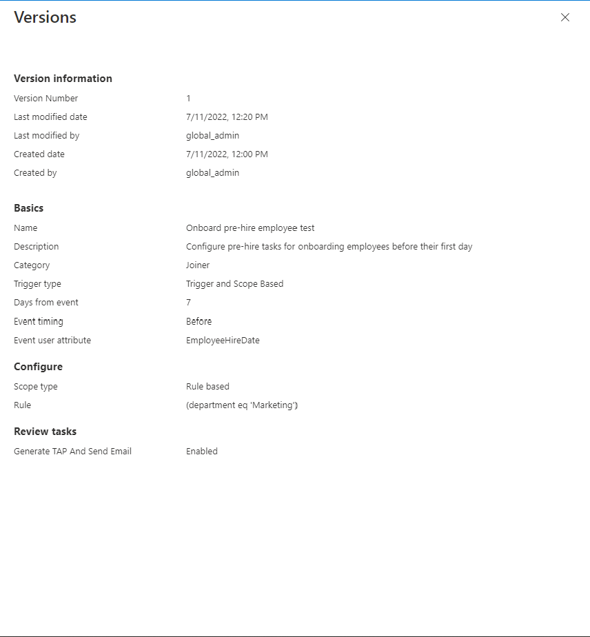 Screenshot of workflow versioning information.