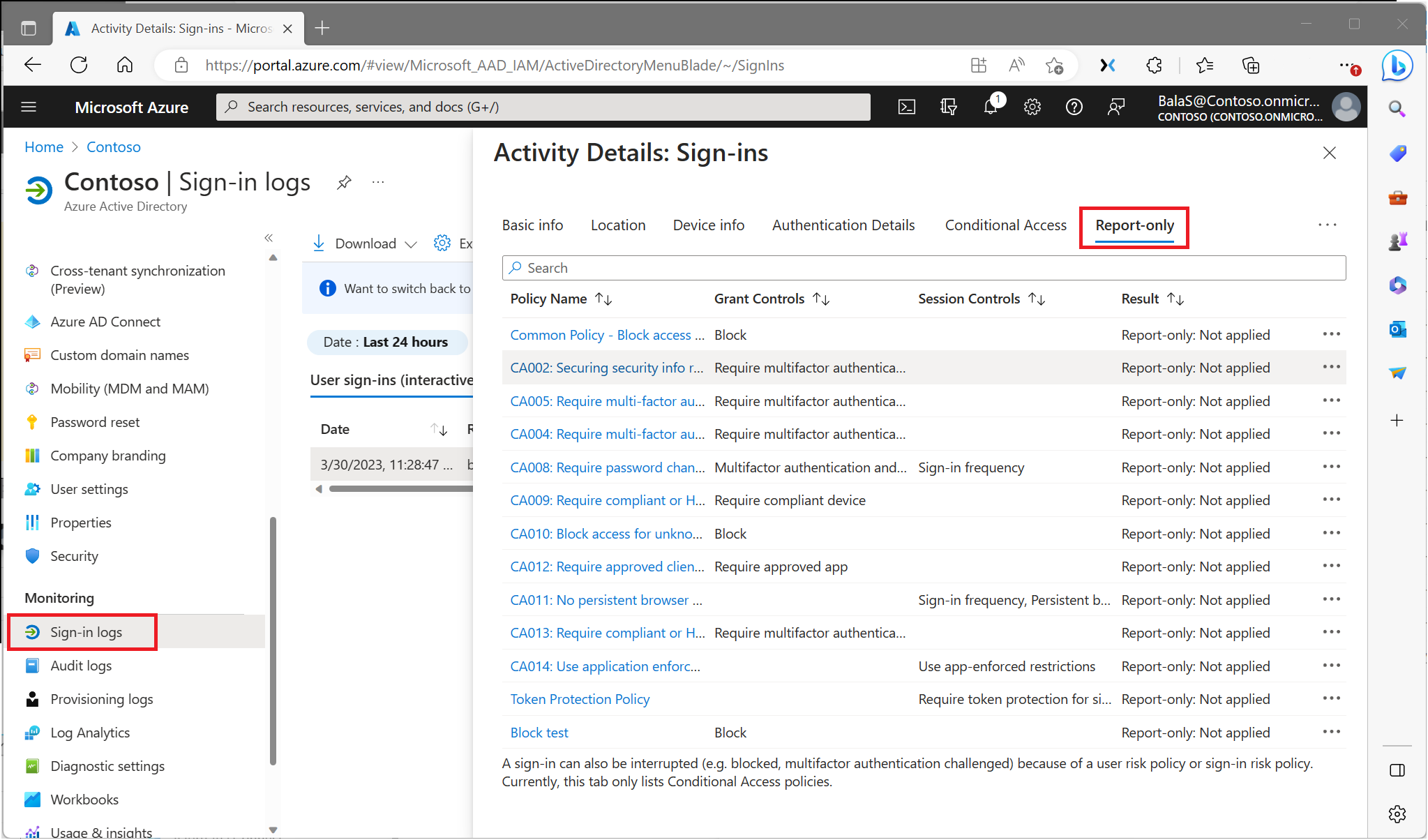 Screenshot showing the report-only tab in a sign-in log.