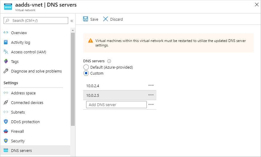 настройте DNS-серверы виртуальной сети для использования контроллеров домена доменных служб