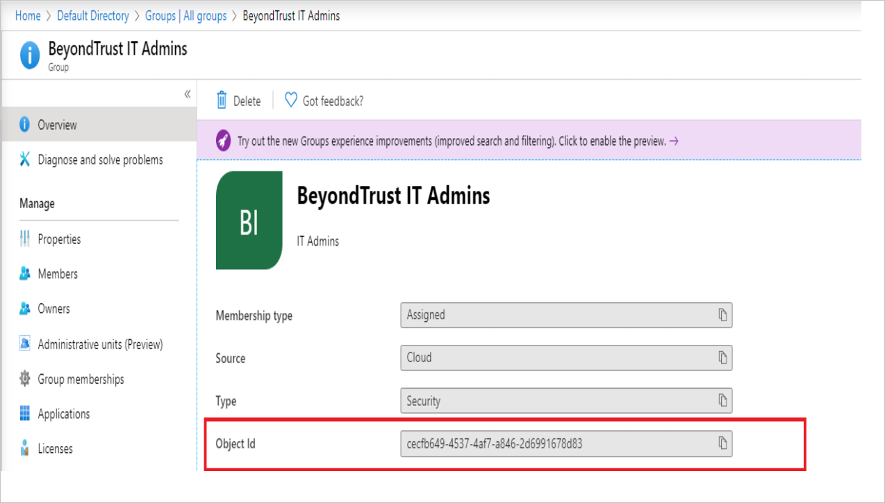 Screenshot shows the I T section with Membership type, Source, Type, and Object I D.