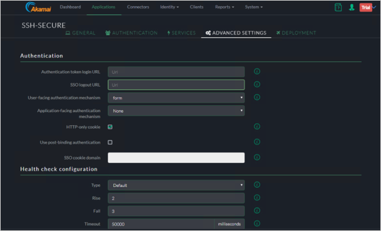 Снимок экрана консоли Akamai ЕАА с вкладкой Advanced Settings (Дополнительные параметры) для SSH-SECURE, на которой показаны параметры конфигурации проверки подлинности и работоспособности.