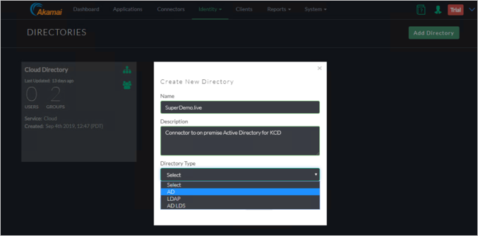 Снимок экрана окна Directories (Каталоги) консоли Akamai ЕАА, в котором отображается диалоговое окно Create New Directory (Создание каталога) со службой AD, выбранной в раскрывающемся списке Directory Type (Тип каталога).