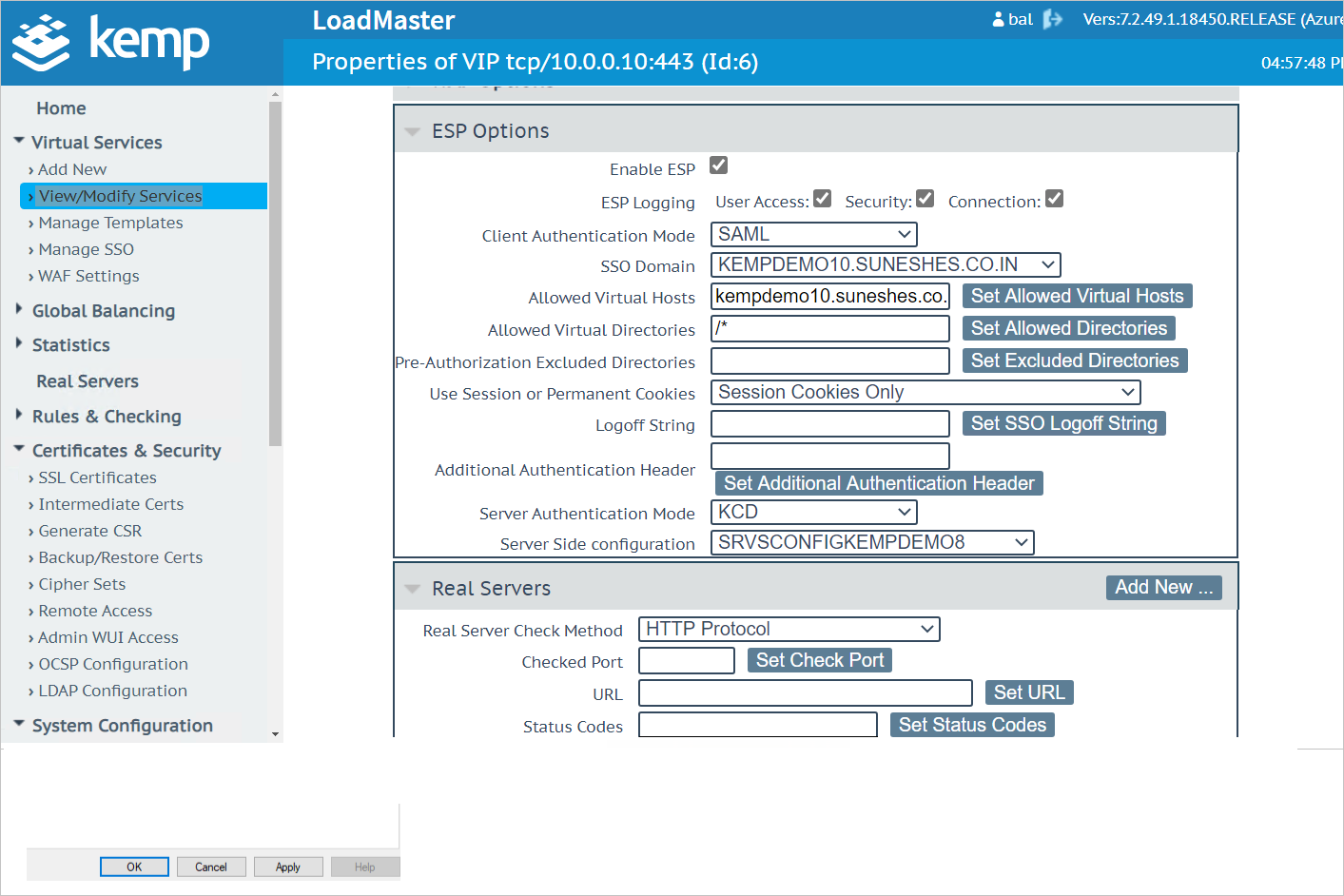 Веб-сервер интеграции Kemp LoadMaster Microsoft Entra