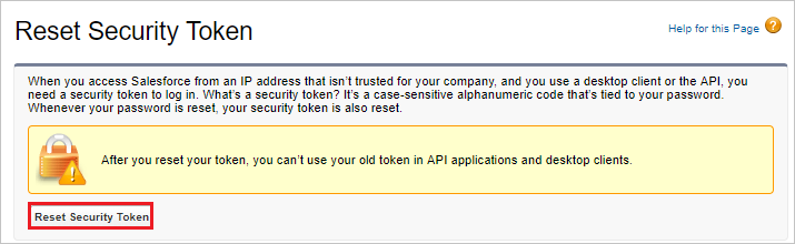 Снимок экрана: страница Reset Security Token (Сброс маркера безопасности) с объяснительным сообщением и кнопкой Reset Security Token (Сбросить маркер безопасности).