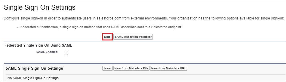 Снимок экрана, на котором показана страница Single Sign-On Settings (Параметры единого входа) с выбранной кнопкой Edit (Изменить).
