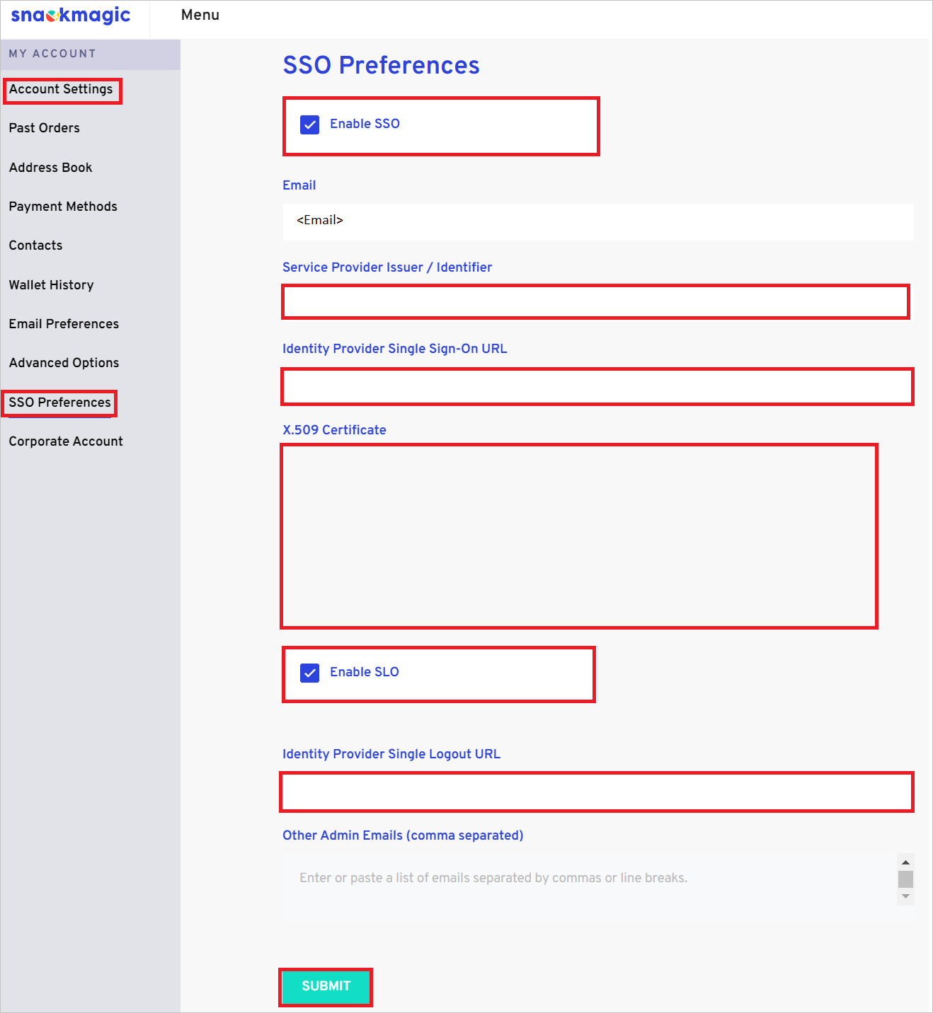 Screenshot shows the SSO Settings.