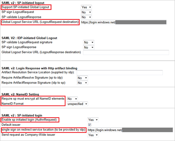 Снимок экрана показывает панель выхода, инициированного S P SAML версии 2, где можно ввести описанные значения.