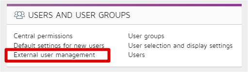 Снимок экрана: страница пользователей и групп в Zenya, выделена ссылка External user management (Управление внешними пользователями).