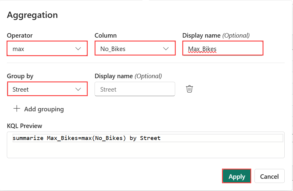 Screenshot of exploration tool showing max number of bikes by street.