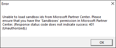 Screenshot of the permissions error in Partner Center