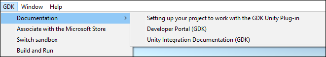 Screenshot of the GDK Unity package menu