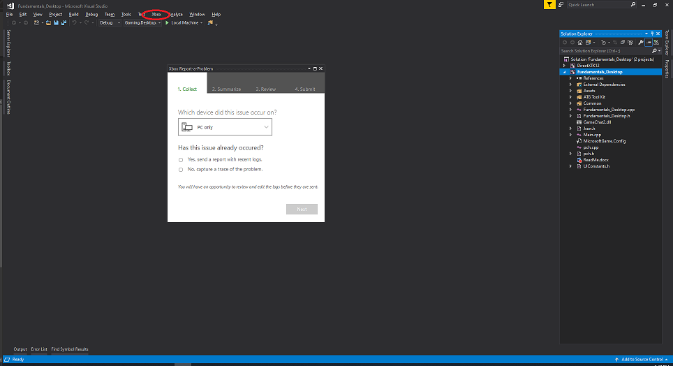 Xbox Report-a-Problem in Visual Studio