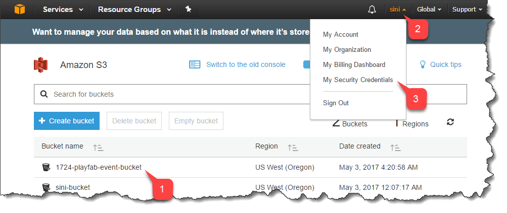 Amazon S3 - Open My Security Credentials