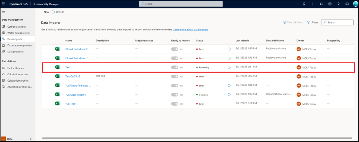 Снимок экрана, показывающий статус импорта электронной таблицы Excel.