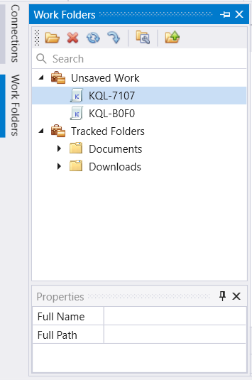Снимок экрана: панель рабочих папок с несохраненных рабочих и отслеживаемых папок.