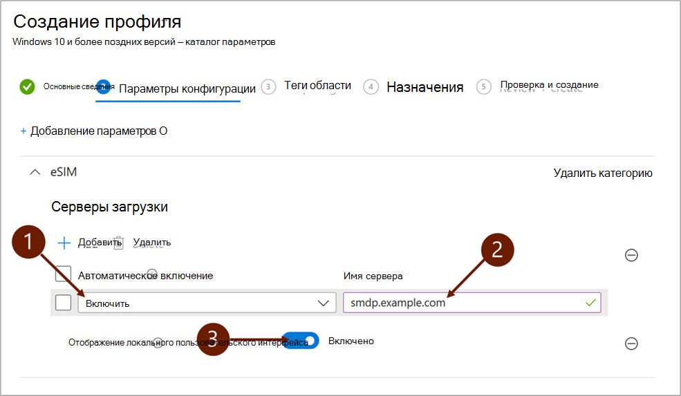 Снимок экрана: параметры конфигурации при добавлении сервера загрузки eSIM в Microsoft Intune.