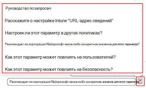 Снимок экрана: руководство по запросу параметров Copilot и список доступных запросов в каталоге параметров в Microsoft Intune и Центре администрирования Intune.