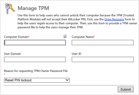 Страница веб-сайта администрирования и мониторинга BitLocker Управление доверенным платформенный модуль.