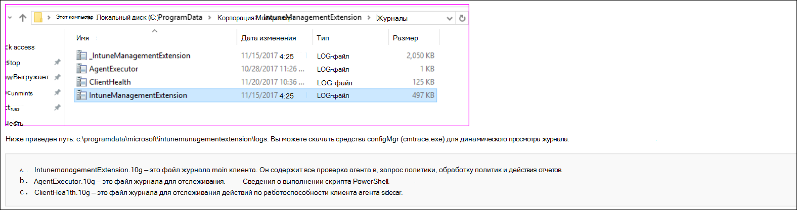 Снимок экрана или пример журналов агента cmtrace в Microsoft Intune