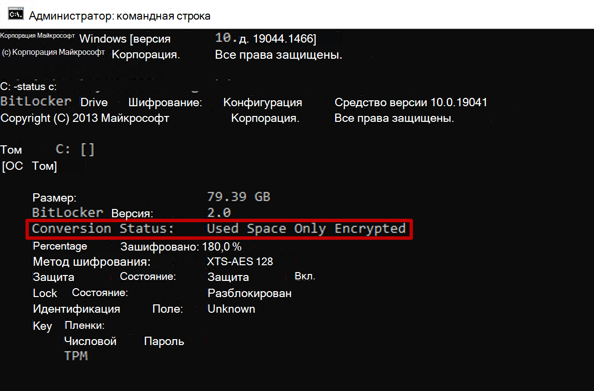 Снимок экрана: административная командная строка с выводом команды manage-bde со статусом преобразования, который демонстрирует применение полного шифрования.