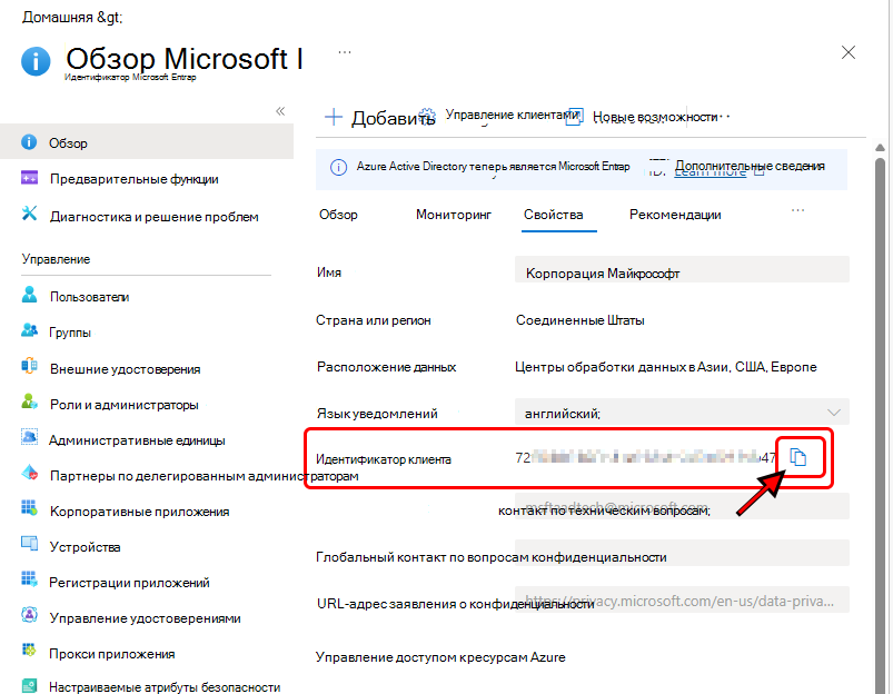 Изображение, показывающее идентификатор клиента в портал Azure