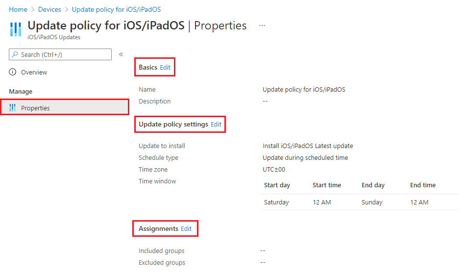 Снимок экрана: изменение существующей политики обновления программного обеспечения iOS/iPadOS в Microsoft Intune.