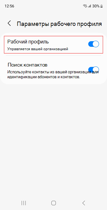 Снимок экрана: переключатель рабочего профиля, включенный в настройках устройства Samsung Galaxy S20.