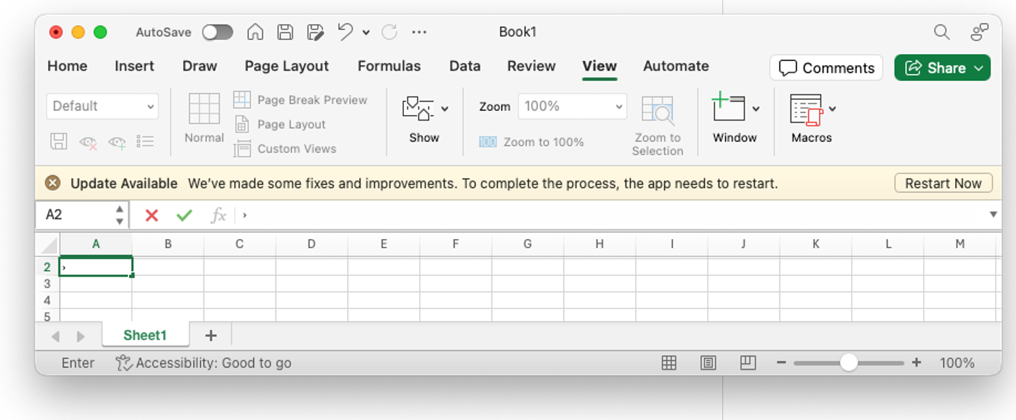 Интерфейс Microsoft Excel, отображающий уведомление 