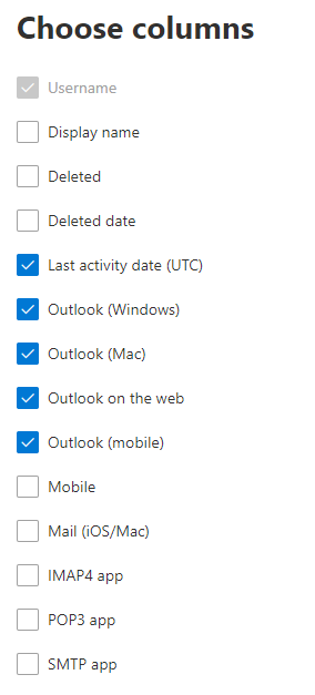 Отчет об использовании приложений электронной почты — выберите столбцы.
