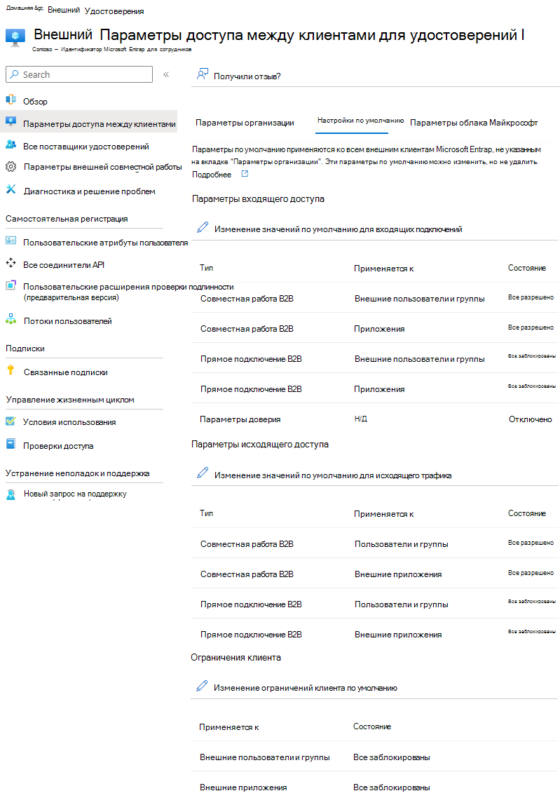 Снимок экрана: страница параметров доступа между клиентами Microsoft Entra.