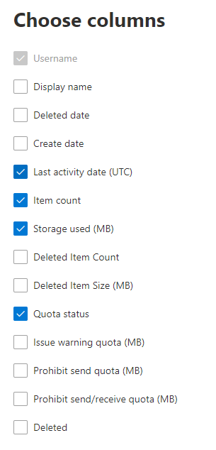 Отчет об использовании почтового ящика — выберите столбцы.