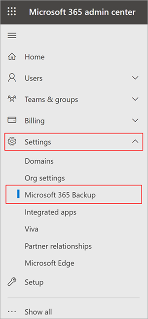Снимок экрана: панель Центр администрирования Microsoft 365 с параметрами и Резервное копирование Microsoft 365.