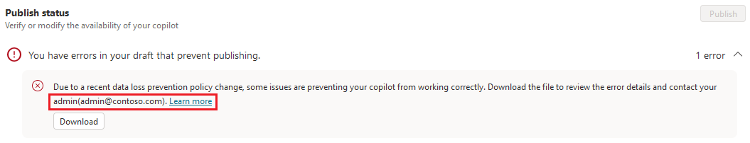 Снимок экрана с сообщением об ошибке, связанной с политикой защиты от потери данных, в Copilot Studio с выделенными адресом электронной почты и ссылкой «Подробнее».