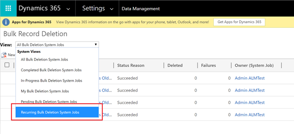 Screenshot of the list of recurring bulk deletion jobs.