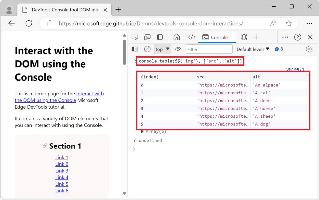 Консольное средство, отображающее функцию console.table() и таблицу со списком всех изображений