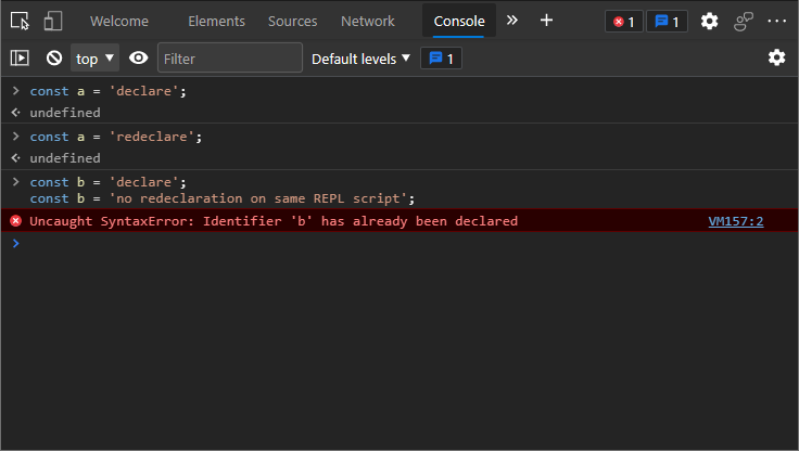 Повторное объявление переменной const разрешено в консоли