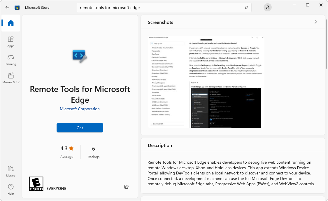 Приложение Remote Tools for Microsoft Edge в Microsoft Store