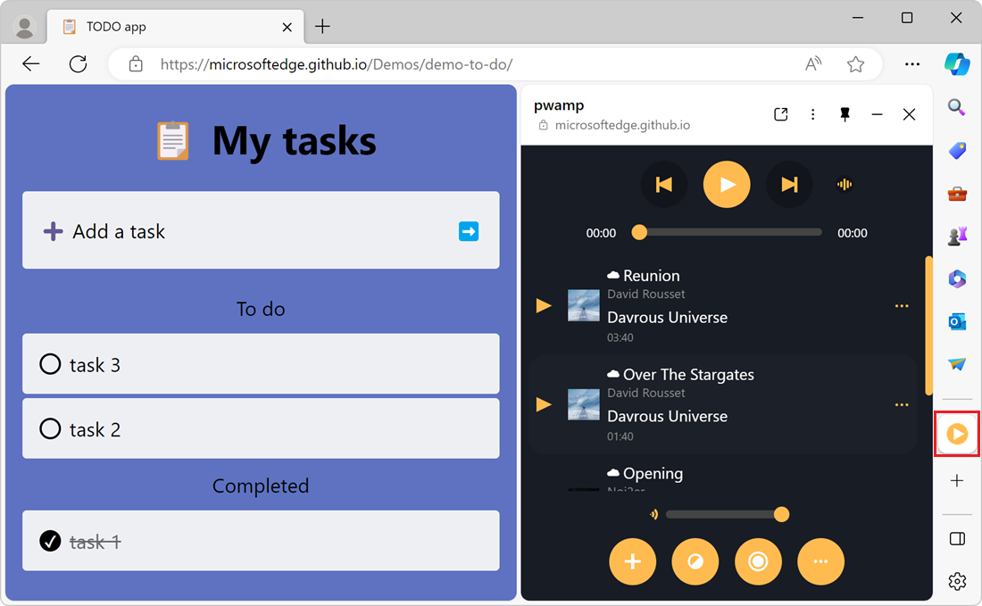 Microsoft Edge с одной вкладкой, открытой в приложении списка задач, и PWAmp на боковой панели
