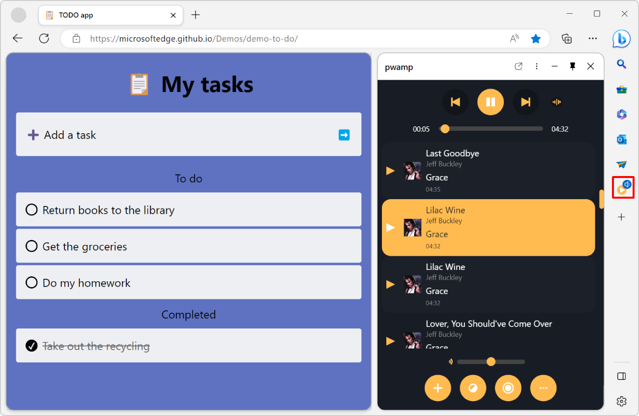 Microsoft Edge с одной вкладкой, открытой в приложении списка задач, и PWAmp на боковой панели