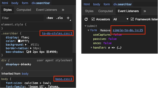 Открытие исходных файлов из средства Elements