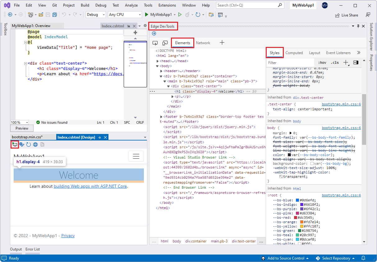 Инструменты разработчика Microsoft Edge для Visual Studio: элементы средства devTools