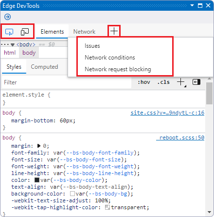 Окно edge DevTools в Visual Studio, отстыкованы