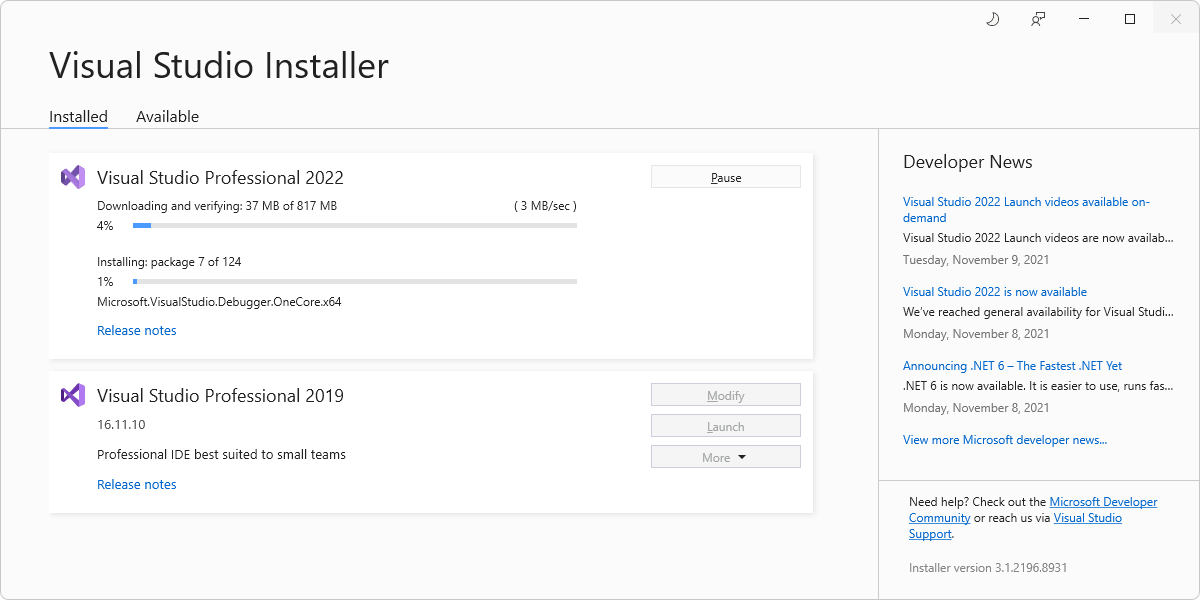 Visual Studio Installer работает