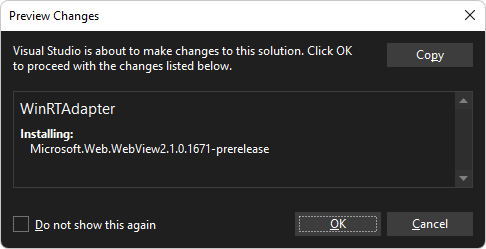 Диалоговое окно Предварительный просмотр изменений для добавления пакета SDK WebView2 в проект WinRTAdapter