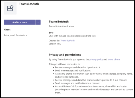 Снимок экрана: пример бота после его отправки в Teams.